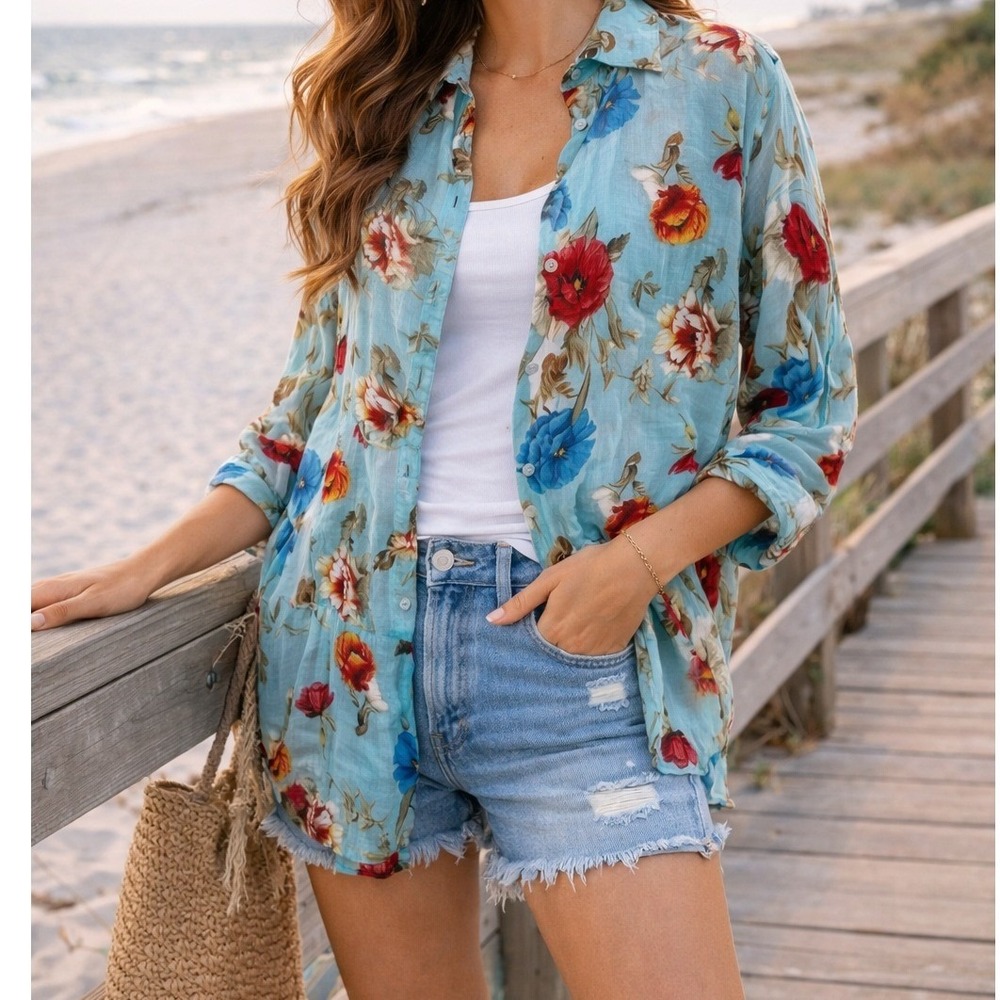 Umgee USA Floral Print Long Sleeve Button Down Tunic Shirt Womens Small